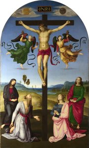 De gekruisigde Christus met de Maagd Maria, heiligen en engelen door Raphael