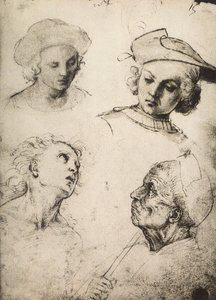 Studie van vier mannelijke gezichten door Raffaello Sanzio Raphael