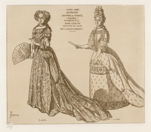 Hofkostuums. Marie Anne de Baviere, Dauphine van Frankrijk, getrouwd met de zoon van Koning Lodewijk XIV. Naar kunstwerk in de collectie van Bonnart. door Raphael Jacquemin