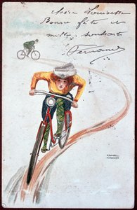Ansichtkaart van een vrouw op een fiets - tekening door R. Kirchner, ca. 1900. door Raphael Kirchner