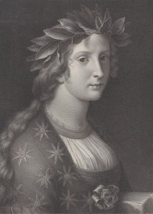 Poëzie, een vrouw met een lauwerkrans door Raphael Morghen