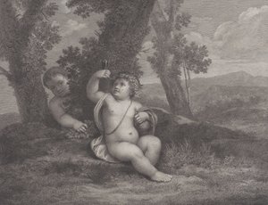 De jonge Bacchus zittend onder een boom, een wijnglas ophoudend, met een andere jonge achter hem, 1780