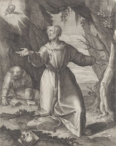 Sint Franciscus knielend met uitgestrekte armen, kijkend naar een cherub linksboven... door Raphael Sadeler