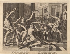 Delilah knipt Simsons haar door Raphael Sadeler I after Joos van Winghe