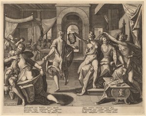 Sardanapalus onder de Bijvrouwen door Raphael Sadeler I after Joos van Winghe