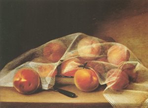 Fruitstukjes met perziken bedekt met een zakdoek-raphaelle peale door Raphaelle Peale