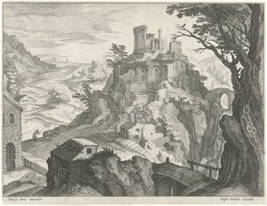 Landschap met de tempel van Vesta te Tivoli door Raphaël Sadeler (I) (attributed to)