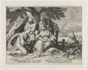 Heilige Familie met Heilige Catharina en Heilige Sebastiaan Mystiek huwelijk van de Heilige Catharina door Raphaël Sadeler (I)