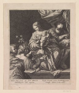 Heilige familie met twee engelen door Raphaël Sadeler (I)