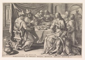 Maria Magdalena wast de voeten van Christus door Raphaël Sadeler (I)