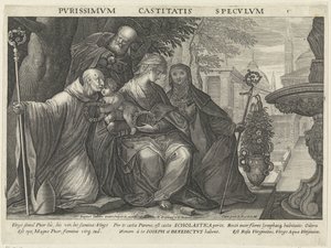 Heilige familie met de Heilige Benedictus en de Heilige Scholastica door Raphaël Sadeler (II)