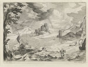 Zeegezicht met Christus en zijn leerlingen in de storm op het meer van Galilea door Raphaël Sadeler (II)