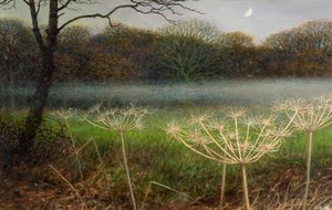December bij schemering: mist over de velden (olieverf op board) door Raymond Booth