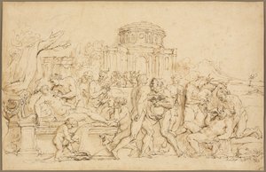 Bacchus en Ariadne, met Silenus, Nimfen en Saters door Raymond de Lafage