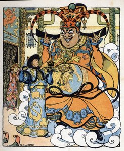 Aladdin, Prinses Badroulboudour en de geest voor het lichaam van de Afrikaanse tovenaar: illustratie voor het verhaal 