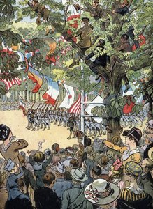 Eerste Wereldoorlog: De Defilé van Overwinning op de Avenue des Champs-Elysees in Parijs op 14/07/1919: Franse mariniers bewonderd door de menigte Parijzenaars door Raymond de la Neziere