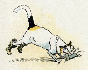 "De Gelaarsde Kat" illustratie voor de sprookjes van Charles Perrault, ca. 1920 door Raymond de la Neziere