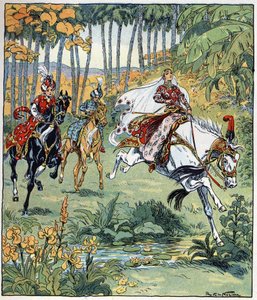 Parizade haalt zijn broers Bahman en Pervis in tijdens de paardenrace. Illustratie door Raymond de La Neziere (1865-1953) voor het verhaal 