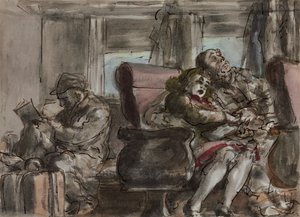Passagiers in een treinwagon (aquarel, inkt en potlood op papier)