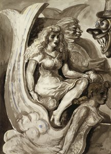 Ruiters in een zeemeermin tunnelboot: Een dubbelzijdige aquarel door Reginald Marsh
