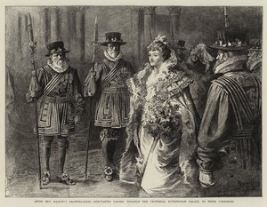 Na het tekenlokaal van Hare Majesteit gaan debutantes door de vestibule van Buckingham Palace naar hun rijtuigen (gravure) door Reginald Thomas Cleaver