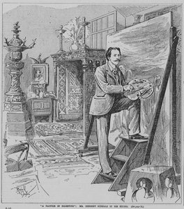 Engelse prerafaëlitische schilder Herbert Schmalz aan het werk in zijn atelier (gravure)