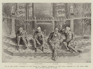 Leden van het Lagerhuis luisteren naar de laatste toespraken over de Home Rule Bill in het Hogerhuis (gravure) door Reginald Thomas Cleaver