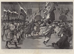 De afsluiting van het carnaval in Nice, de fakkeltocht voorbij tijdens de verbranding van koning carnaval XXVII (gravure) door Reginald Thomas Cleaver