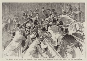 De strijd in het Lagerhuis, het Huis zoals het eruitzag tijdens het hoogtepunt van de onlusten (gravure) door Reginald Thomas Cleaver