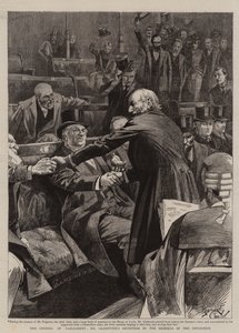 De opening van het parlement, de ontvangst van Gladstone door de leden van de oppositie (gravure)
