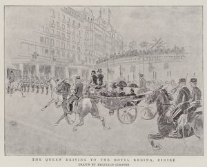 De koningin rijdt naar Hotel Regina, Cimiez (gravure)