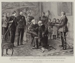 De Koningin investeert Lord Russell of Killowen met het Insigne van een Ridder van het Grootkruis in Osborne (gravure)