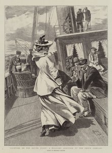 Yachting aan de zuidkust, een welkome aanvulling op het scheepsgezelschap (gravure)