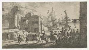 Maskerade bij een haven door Reinier Nooms (attributed to)