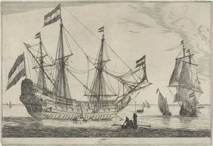 Groot zeilschip en een roeiboot door Reinier Nooms