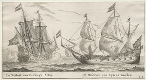 Schepen van Amsterdam: De Vrijheid, een oorlogsschip. De Wolfshond, een Spaans schip