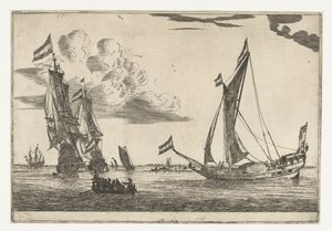 Twee oorlogsschepen en een jacht door Reinier Nooms