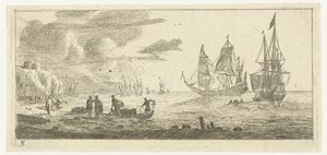 Zeehaven met twee grote zeilschepen door Reinier Nooms