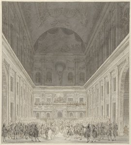 Bal in de Burgerzaal van het Stadhuis van Amsterdam ter ere van het bezoek van Prins Willem V en Wilhelmina van Pruisen, juni 1768 door Reinier Vinkeles (I)