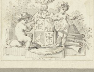 Twee putti, met passer en aesculaap, bij het familiewapen van Schoemaker