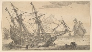 Een koopvaardijschip gekield voor het breeuwen van de romp door Reinier Zeeman