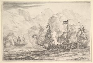 Zeeslag met Drie Schepen aan de Rechterkant, uit Zeeslagen Nieuwe Scheepsgevechten door Reinier Zeeman