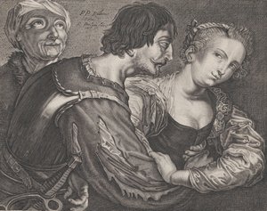 De koppelaarster: een oude vrouw, een soldaat en een vrouw, ca. 1635-68 door Reinier van Persyn