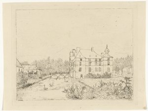 Zijaanzicht van kasteel de Cannenburch met huizen bij de toegangsbrug