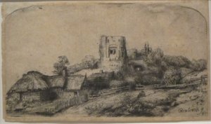 Landschap met vierkante toren door Rembrandt