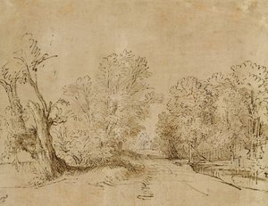 Een beboste weg door Rembrandt van Rijn