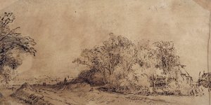 Een ruwe weg langs de dijk met bomen die een boerderij verbergen door Rembrandt Harmensz. van Rijn