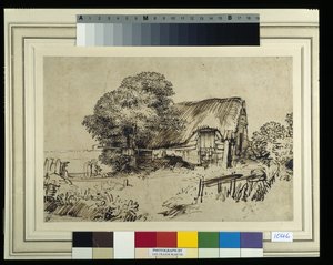 Een huisje met rieten dak bij een grote boom, een figuur zittend buiten, ca. 1648-52