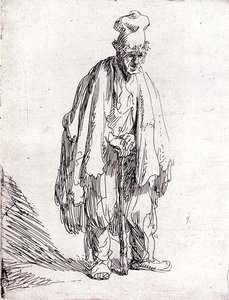 Bedelaar met een hoge muts staand door Rembrandt Harmensz. van Rijn