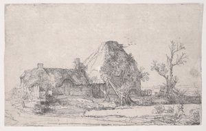 Cottage en Boerderijgebouwen met een Man die Schetst door Rembrandt van Rijn